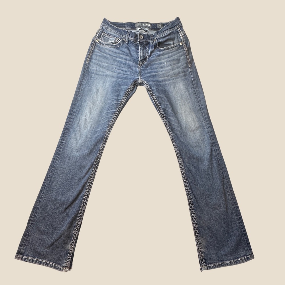 BKE Jeans Mens 32L Aiden Medium Wash Blue Bootleg Distressed ABP21140 Denim